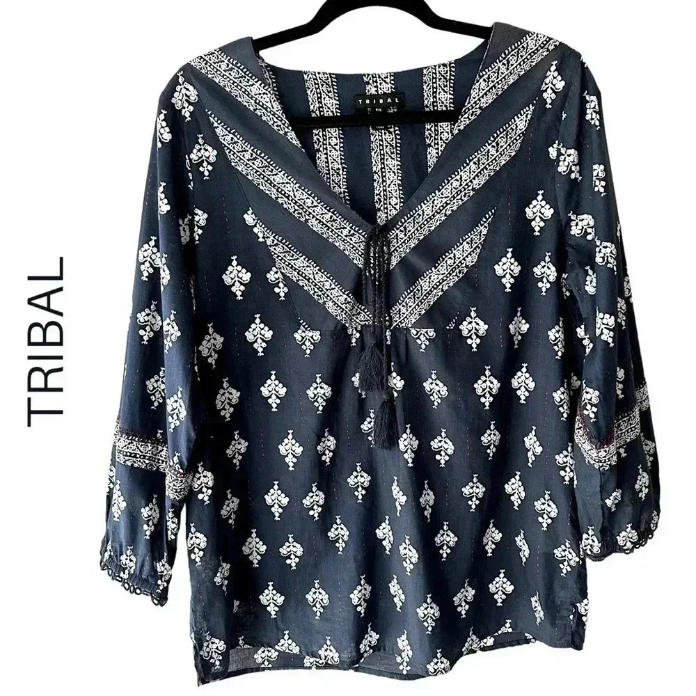 TRIBAL | NWOT | BOHO LONG SLEEVED BLOUSE NAVY BLUE | SIZE: PETITE SMALL